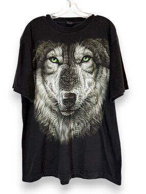 Vintage Wolf Graphic Tee T-Shirt XL Black Double Sided Graphic Unisex Oversized